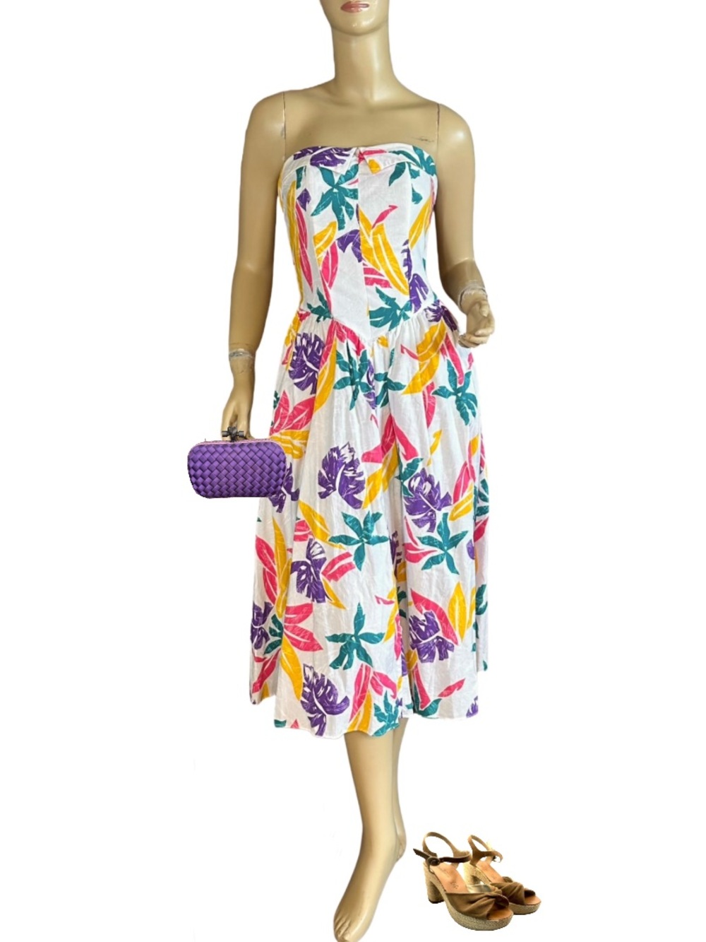 VINTAGE 1980'S JONI BLAIR COLORFUL STRAPLESS FLORAL PRINT DRESS (8)